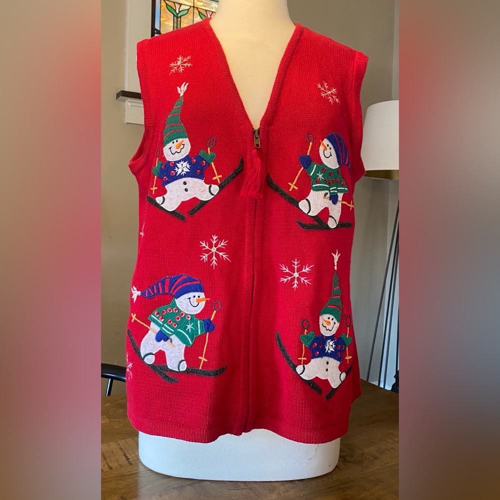 Vintage Bobbie Brooks Ugly Christmas Sweater XMAS Cardigan Vest Red Adult W L
